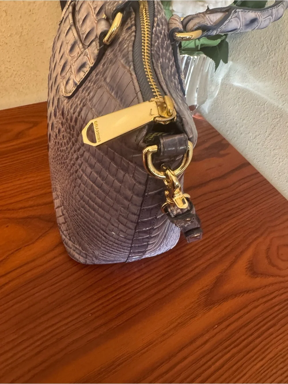 Brahmin Lavender Croc-Embossed Satchel with Removable Strap